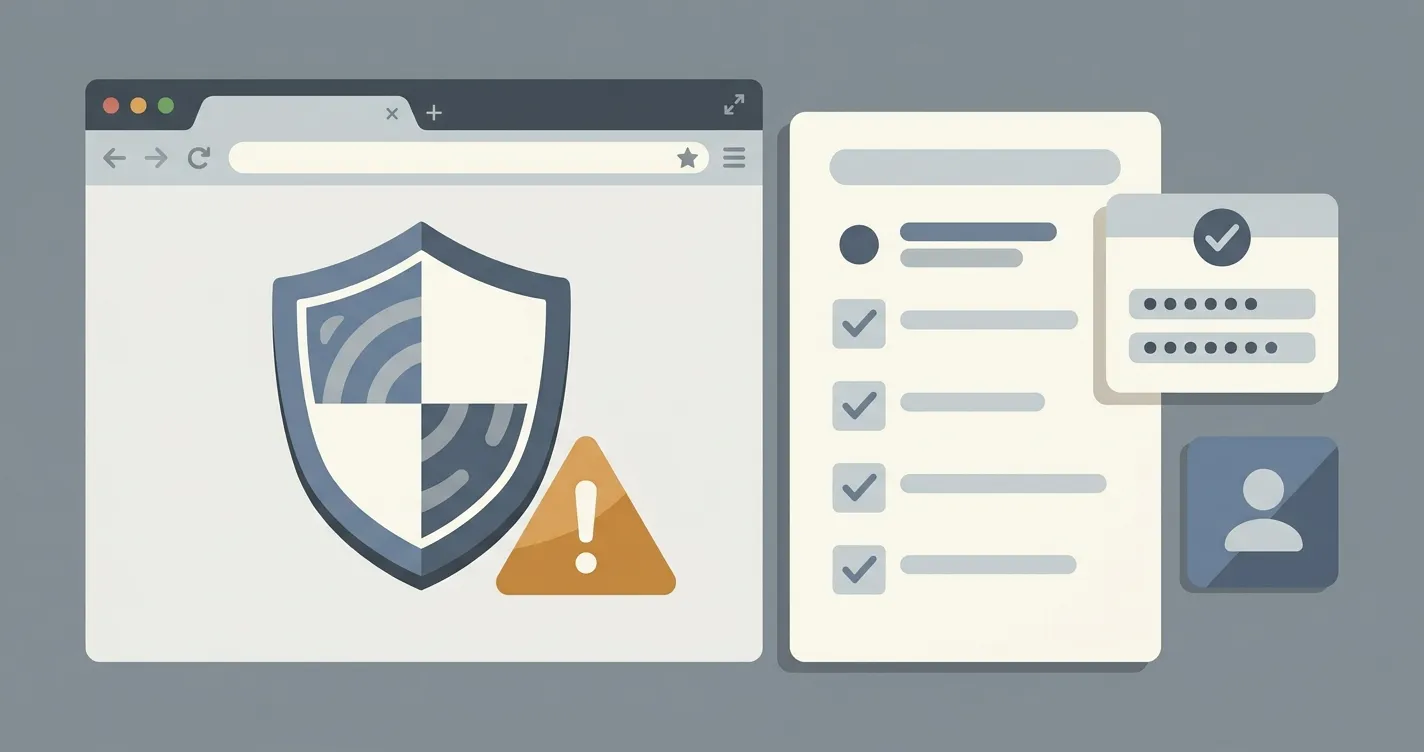 Illustrated secure login checklist with browser and warning icons
